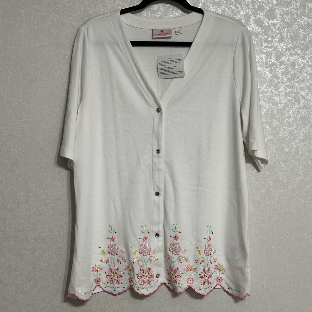 Quacker Factory Floral Embroidered Eyelet Scalloped Cardigan White NWT L